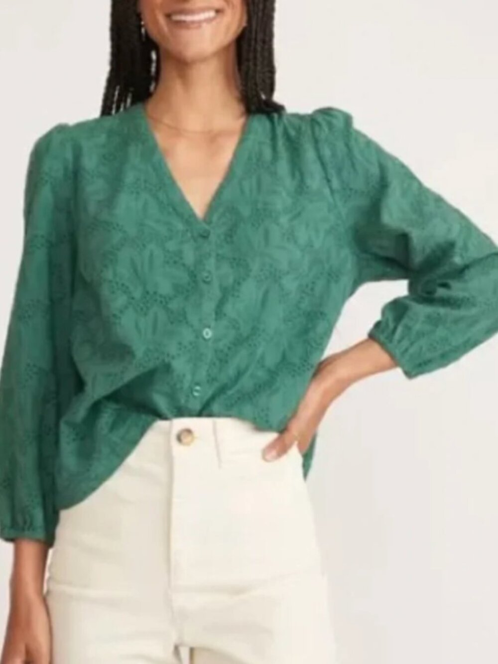 Marine Layer Green Eyelet Colette V-Neck Button Front Size Medium